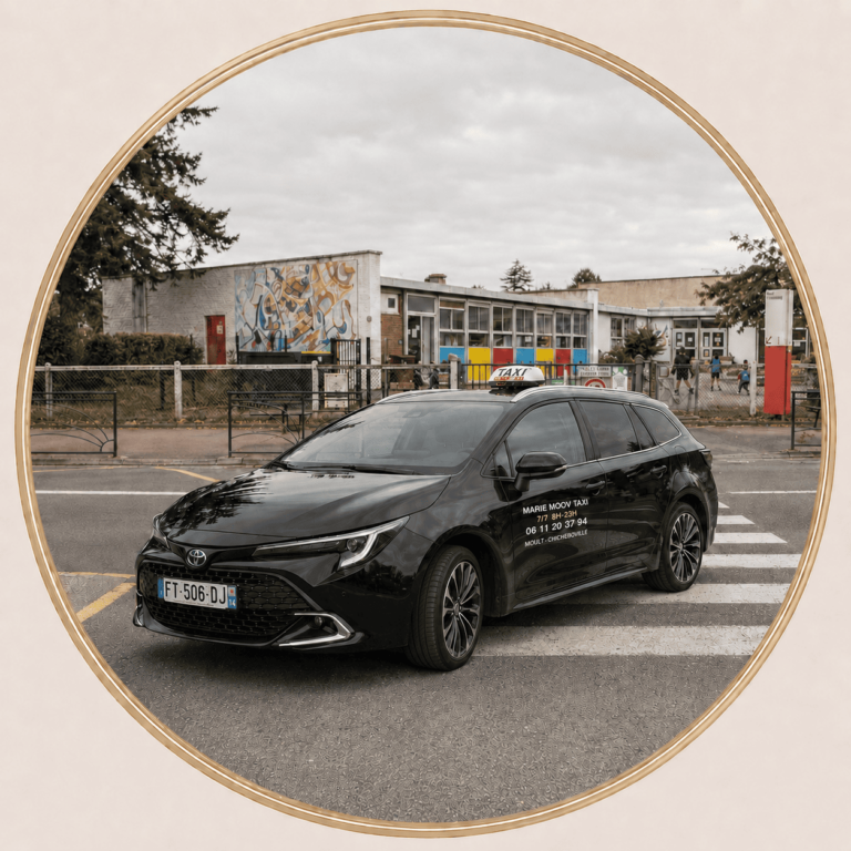 image d'un taxi qui dépose des enfants à l'école d'Hérouville St Clair